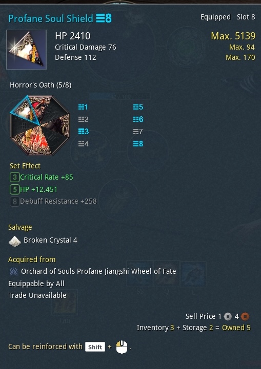 A screenshot showing a soulshield slice and its stats.